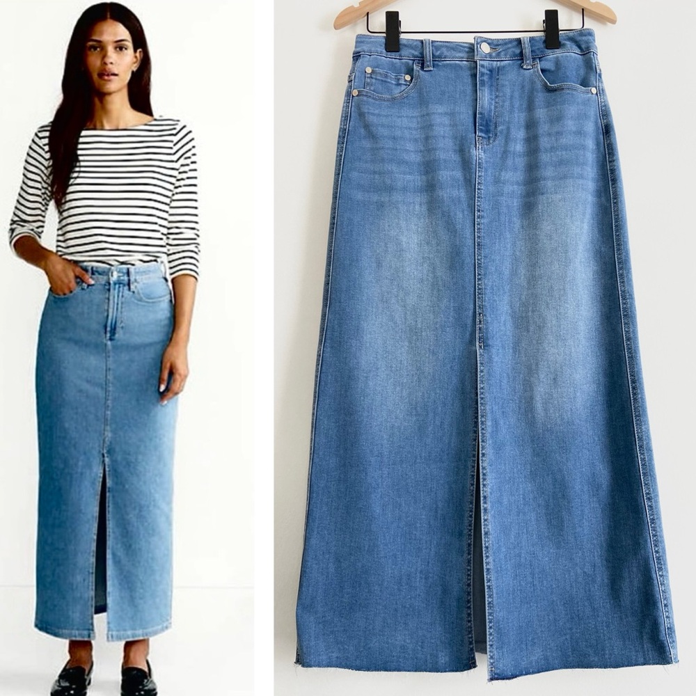 OAT New York Light Wash Denim Maxi Skirt Long Skirt Raw Hem Boho Size 4/27